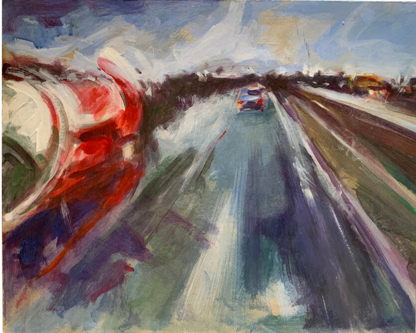 "Citerne rouge », acrylique sur bois.